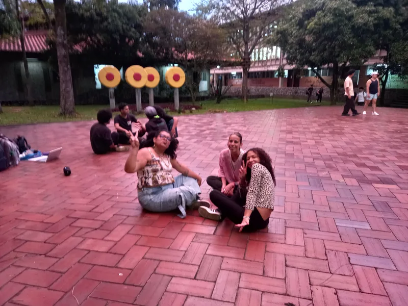 Integrantes sentados en grupos sobre el piso de ladrillo de la plaza, al atardecer